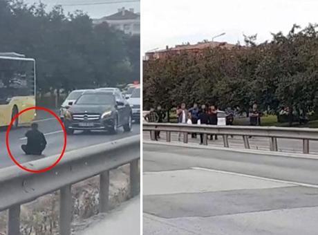 İstanbul D-100 Karayolu'nda Bıçakla Yola Oturan Şahıs Trafiği Felç Etti