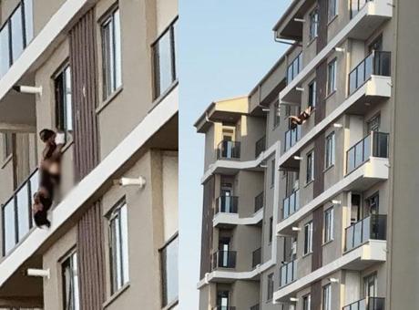 7. katın penceresinde dehşet! Genç kadın ayaklarından yakalandı