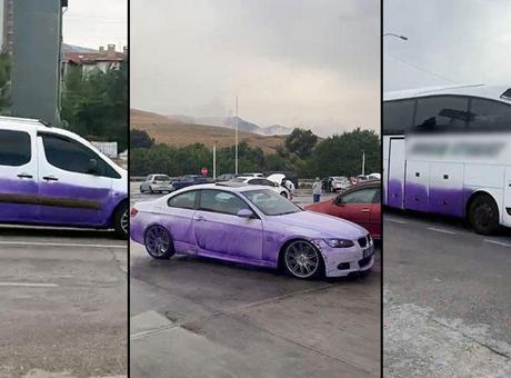 TIR’dan döküldü, yağmurla tepkimeye girdi! Araçlar mora boyandı, soruşturma başlatıldı
